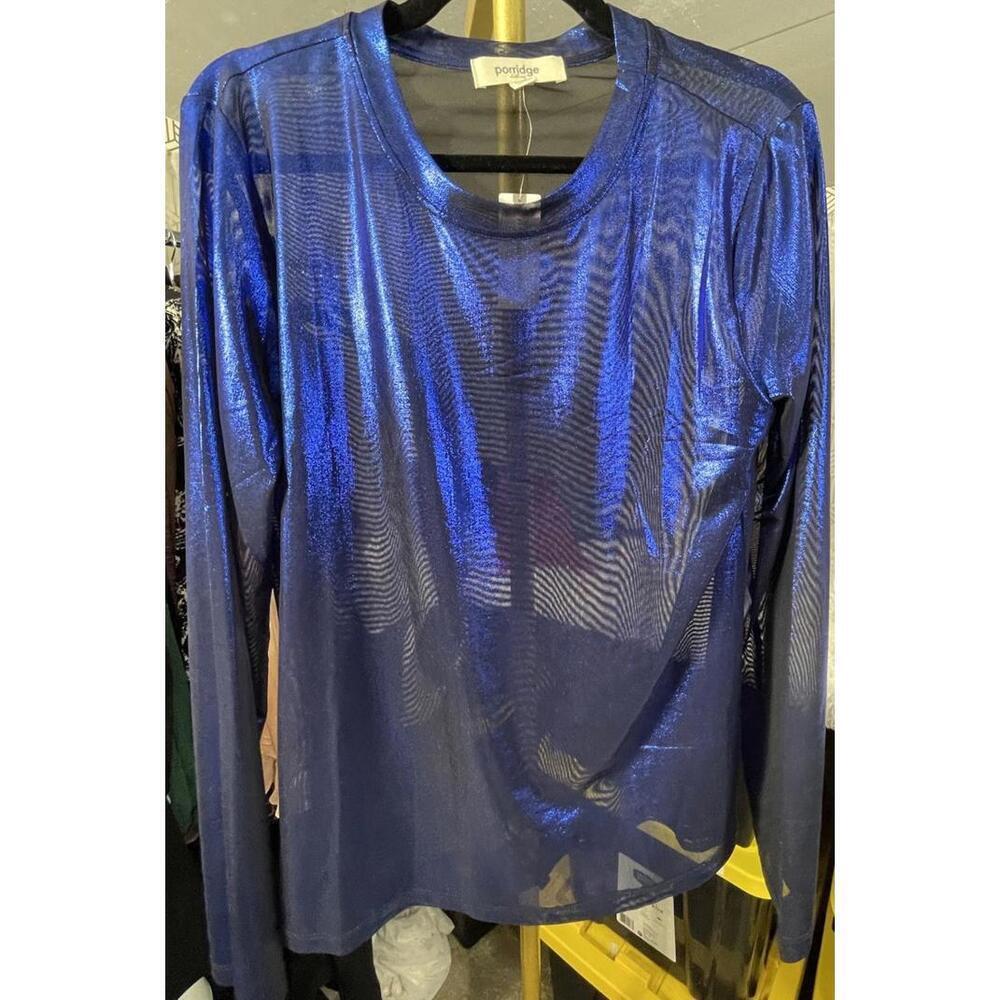 NWT Porridge by Anthropologie Metallic Blue Long Sleeve Sheer Blouse Sz L